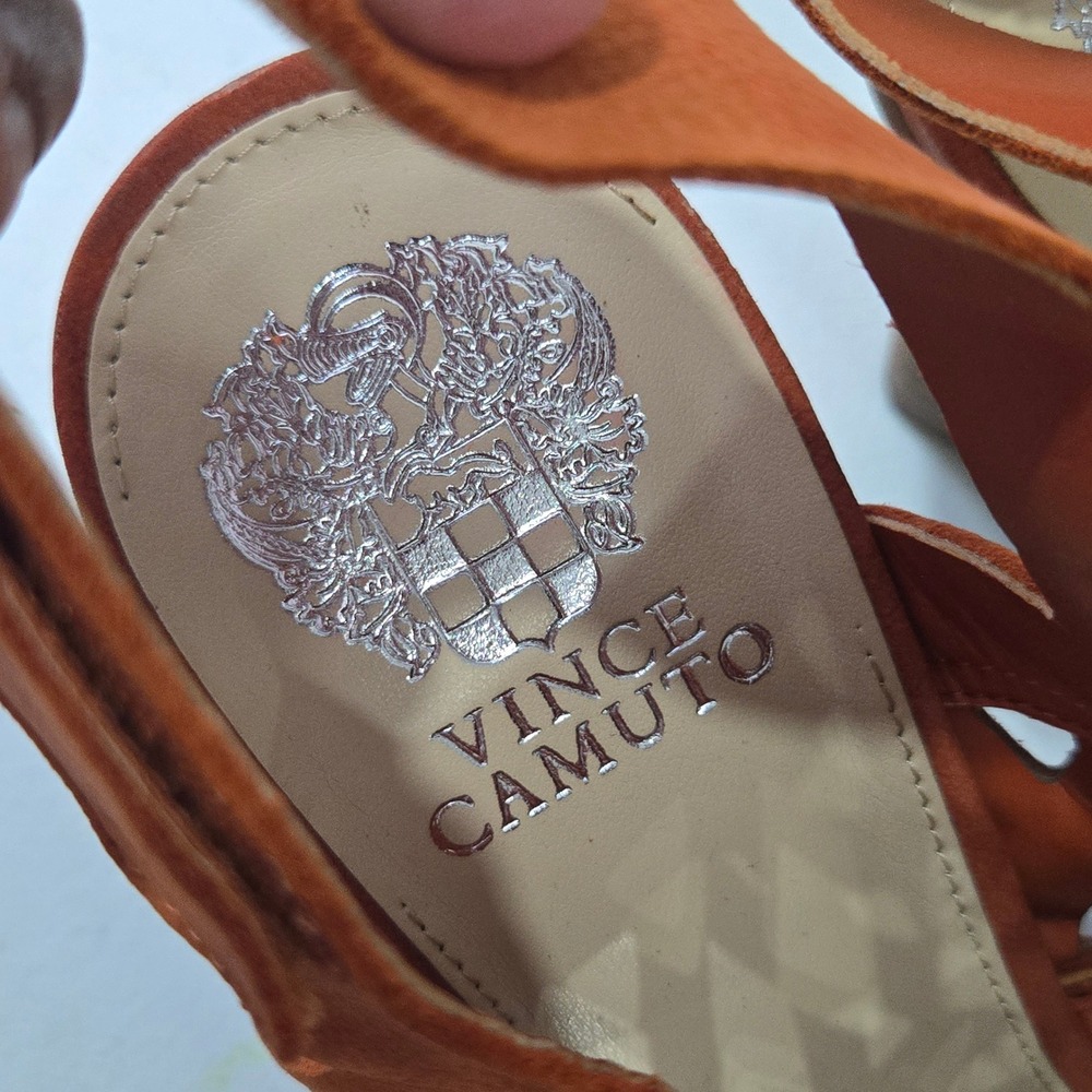 Vince Camuto VC-Deverly Leather Laser Cut Block Heel Sandals Orange Tan Size 10M - Picture 9 of 10